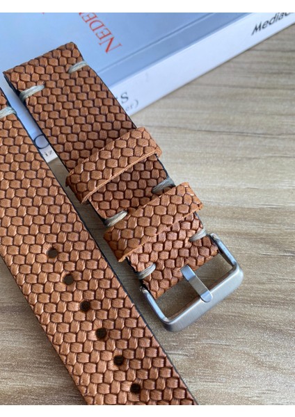 El Dikişi Kahverengi Desenli Gerçek Deri Saat Kordonu. Hakiki Deri. 18,20,22,24,26MM. modelleri