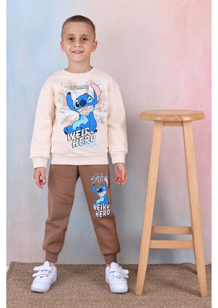 Pjk3i Hero Stitch Desenli Kahverengi 3 Ip Şardonlu Pamuk Erkek Çocuk Eşofman Takımı 3-10 Yaş 7361-K