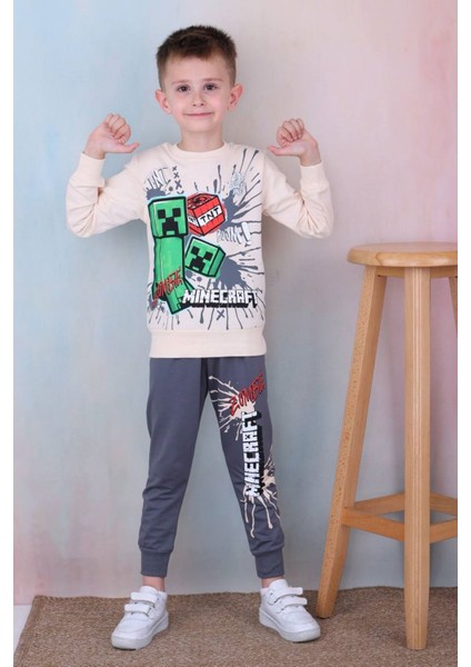 Pjk2i Minecraft Desenli Füme 2 Ip Pamuk Erkek Çocuk Eşofman Takımı 3-10 Yaş 7254-F