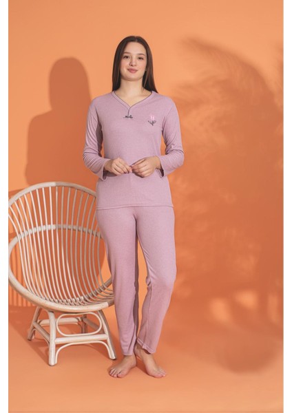 Mlale Koyu Pembe Ince Fitilli Raporlu Interlok Bayan Pijama Takımı 3155