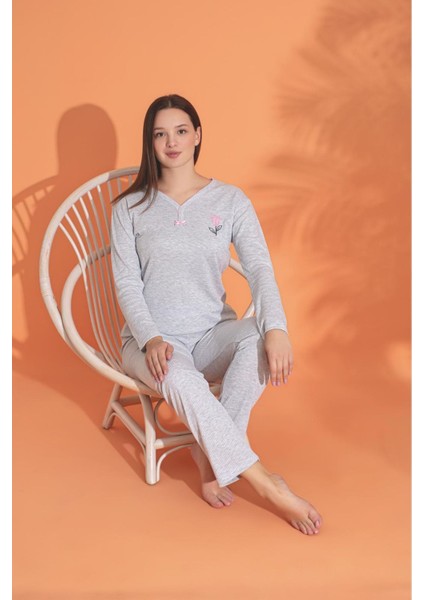 Mlale Gri Ince Fitilli Raporlu Interlok Bayan Pijama Takımı 3240