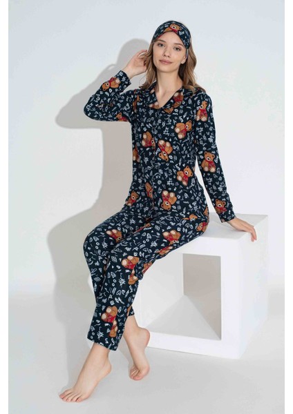 Tarp Lacivert Süet Önden Düğmeli Anne Pijama Takımı 6401-12-L