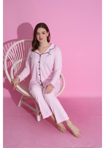 Mlale Pembe Raporlu Önden Düğmeli Interlok Bayan Pijama Takımı 3186