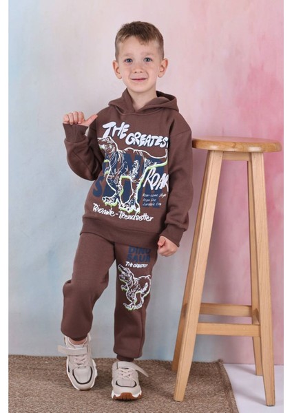 Pjk3i Dinozor Desenli Kahverengi 3 Ip Şardonlu Kapşonlu Pamuk Erkek Çocuk Eşofman Takımı 3-10 Yaş 7338-K