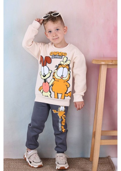 Pjk3i Garfierld Desenli Füme 3 Ip Şardonlu Pamuk Erkek Çocuk Eşofman Takımı 3-10 Yaş 7344-F