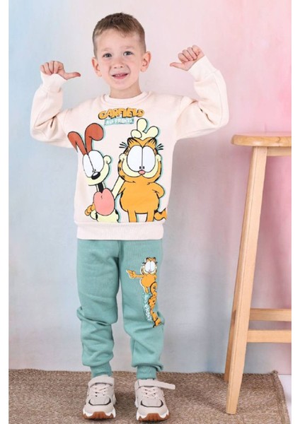 Pjk3i Garfierld Desenli Yeşil 3 Ip Şardonlu Pamuk Erkek Çocuk Eşofman Takımı 3-10 Yaş 7344-Y