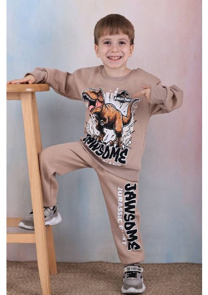 Pjk3i Dinazor Desenli Bej 3 Ip Şardonlu Pamuk Erkek Çocuk Eşofman Takımı 3-10 Yaş 7357-B