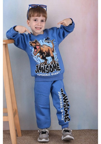 Pjk3i Dinazor Desenli Mavi 3 Ip Şardonlu Pamuk Erkek Çocuk Eşofman Takımı 3-10 Yaş 7357-M