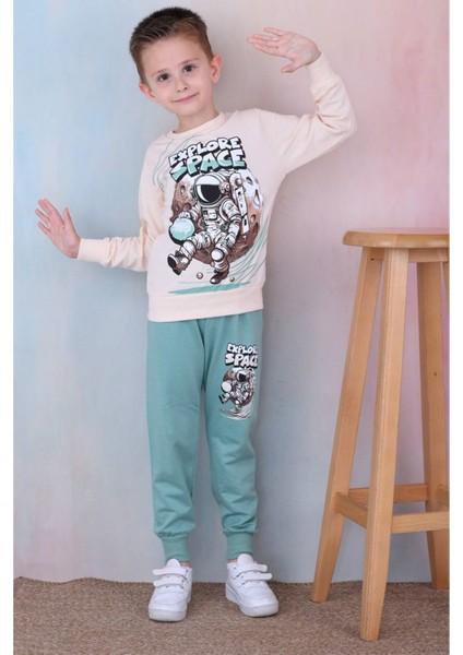 Pjk2i Astronot Desenli Yeşil 2 Ip Pamuk Erkek Çocuk Eşofman Takımı 3-10 Yaş 7258-Y