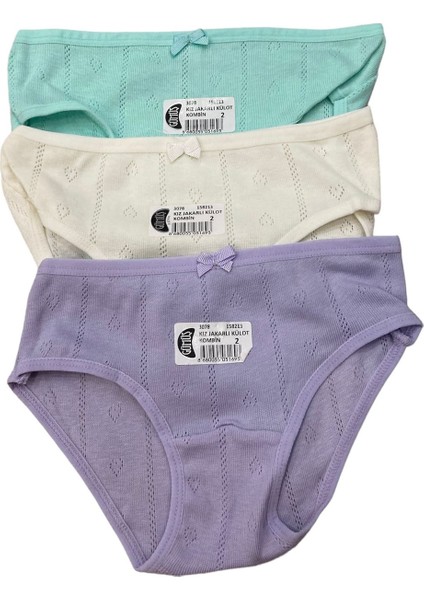 Gmş Fiyonklu Yeşil, Ekru, Lila Jakarlı 3lü Kız Slip Set 3078-2