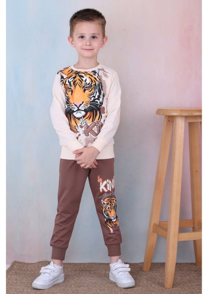 Pjk2i Tiger Desenli Kahverengi 2 Ip Pamuk Erkek Çocuk Eşofman Takımı 3-10 Yaş 7252-K