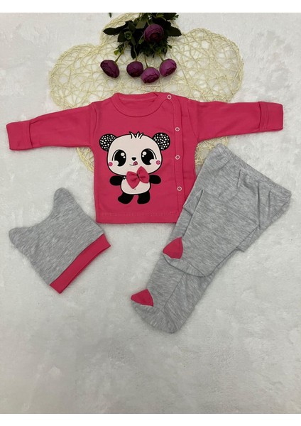 Pamuklu Kendinden Eldivenli Bebek Papyonlu Ayıcık Pembe 3 Parça Hastane Çıkışı Seti 9201-P