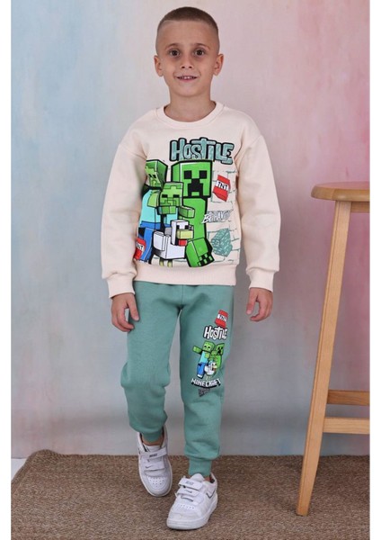 Pjk3i Minecraft Desenli Yeşil 3 Ip Şardonlu Pamuk Erkek Çocuk Eşofman Takımı 3-10 Yaş 7356-Y