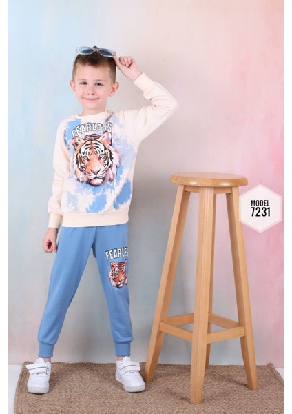 Pjk2i Kaplan Desenli Mavi 2 Ip Pamuk Erkek Çocuk Eşofman Takımı 3-10 Yaş 7231-M