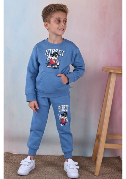 Pjk3i Street Desenli Mavi Kanguru Cepli 3 Ip Şardonlu Pamuk Erkek Çocuk Eşofman Takımı 3-10 Yaş 7339-M