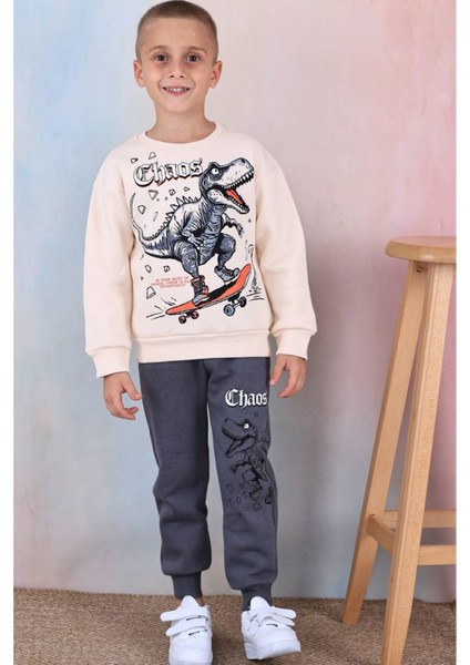 Pjk3i Dinazor Desenli Füme 3 Ip Şardonlu Pamuk Erkek Çocuk Eşofman Takımı 3-10 Yaş 7358-F