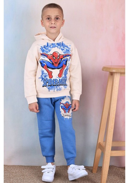 Pjk3i Örümcek Adam Desenli Mavi 3 Ip Şardonlu Pamuk Erkek Çocuk Eşofman Takımı 3-10 Yaş 7359-M