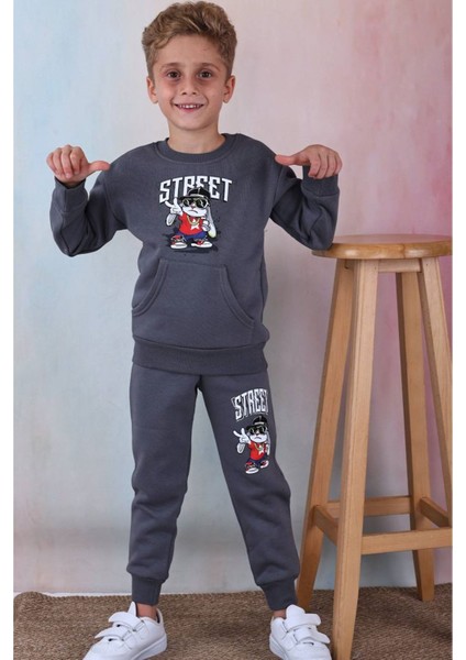 Pjk3i Street Desenli Füme Kanguru Cepli 3 Ip Şardonlu Pamuk Erkek Çocuk Eşofman Takımı 3-10 Yaş 7339-F