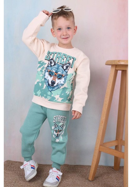 Pjk3i Kurt Desenli Yeşil 3 Ip Şardonlu Pamuk Erkek Çocuk Eşofman Takımı 3-10 Yaş 7343-Y