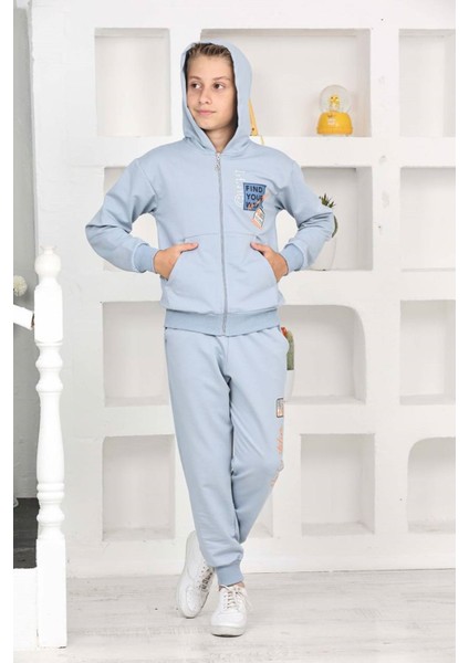 Pjk2i Fınd Your Way Desenli Mavi 2 Ip Pamuk Erkek Çocuk Fermuarlı Eşofman Takımı 5-14 Yaş 7468-M