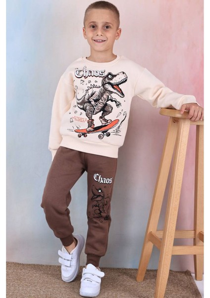 Pjk3i Dinazor Desenli Kahverengi 3 Ip Şardonlu Pamuk Erkek Çocuk Eşofman Takımı 3-10 Yaş 7358-K