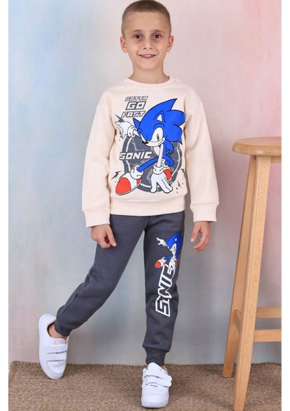 Pjk3i Sonic Desenli Füme 3 Ip Şardonlu Pamuk Erkek Çocuk Eşofman Takımı 3-10 Yaş 7370-F