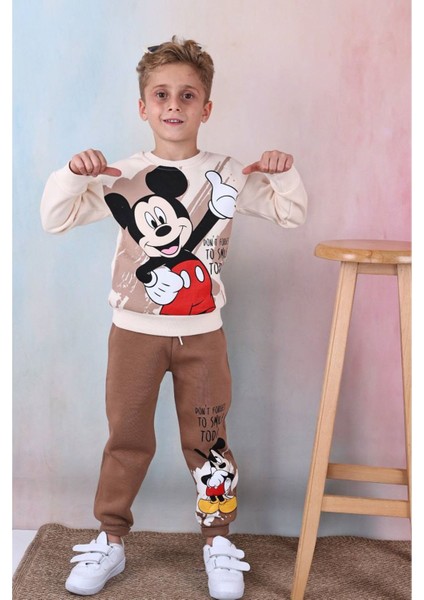 Pjk3i Mickey Mause Desenli Kahverengi 3 Ip Şardonlu Pamuk Erkek Çocuk Eşofman Takımı 3-10 Yaş 7341-K
