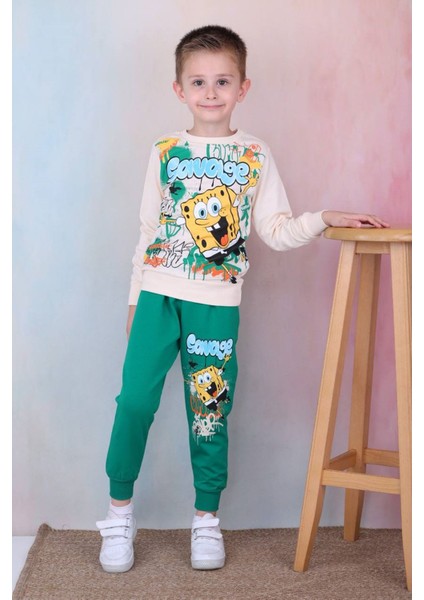 Pjk2i Sünger Bob Desenli Koyu Yeşil 2 Ip Pamuk Erkek Çocuk Eşofman Takımı 3-10 Yaş 7276-KY
