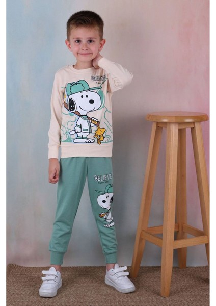 Pjk2i Snoopy Desenli Yeşil 2 Ip Pamuk Erkek Çocuk Eşofman Takımı 3-10 Yaş 7255-Y