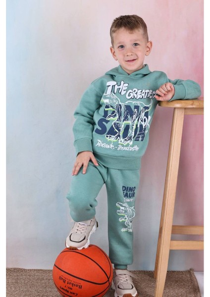 Pjk3i Dinozor Desenli Yeşil 3 Ip Şardonlu Kapşonlu Pamuk Erkek Çocuk Eşofman Takımı 3-10 Yaş 7338-Y