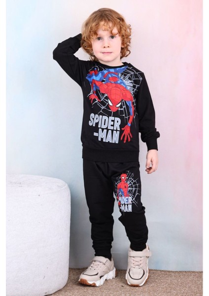Pjk2i Örümcek Adam Desenli Siyah 2 Ip Pamuk Erkek Çocuk Eşofman Takımı 3-10 Yaş 7427-S