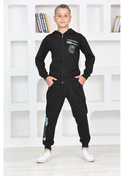 Pjk2i What Make Of Desenli Siyah 2 Ip Pamuk Erkek Çocuk Fermuarlı Eşofman Takımı 5-14 Yaş 7260-S