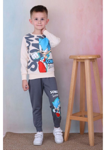 Pjk2i Sonic Desenli Füme 2 Ip Pamuk Erkek Çocuk Eşofman Takımı 3-10 Yaş 7249-F