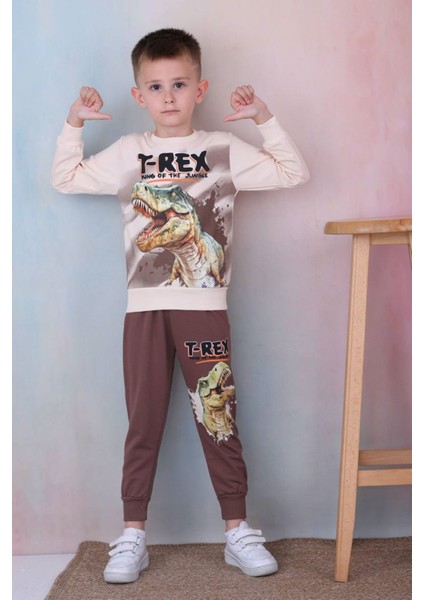 Pjk2i T-Rex Desenli Kahverengi 2 Ip Pamuk Erkek Çocuk Eşofman Takımı 3-10 Yaş 7257-K
