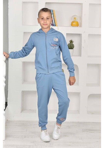 Pjk2i Urban Desenli Mavi 2 Ip Pamuk Erkek Çocuk Fermuarlı Eşofman Takımı 5-14 Yaş 7466-M