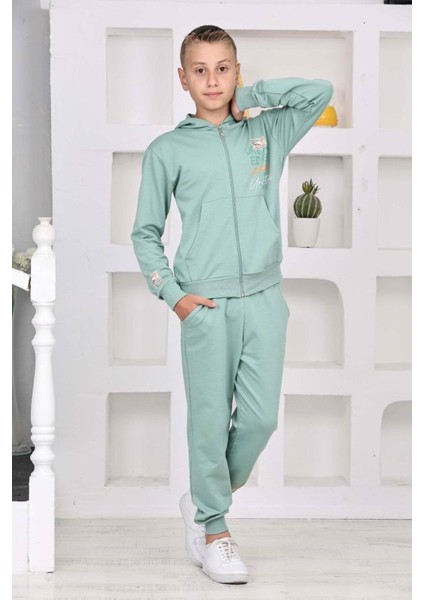 Pjk2i Urban Desenli Yeşil 2 Ip Pamuk Erkek Çocuk Fermuarlı Eşofman Takımı 5-14 Yaş 7466-Y