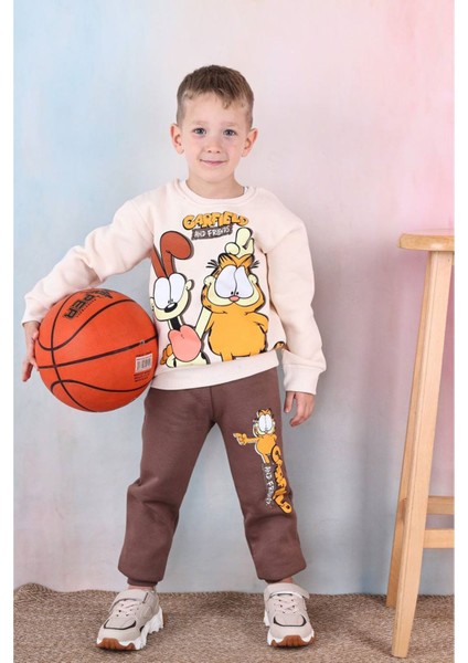 Pjk3i Garfierld Desenli Kahverengi 3 Ip Şardonlu Pamuk Erkek Çocuk Eşofman Takımı 3-10 Yaş 7344-K