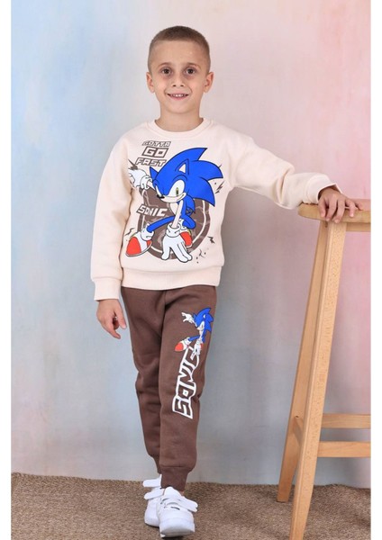 Pjk3i Sonic Desenli Kahverengi 3 Ip Şardonlu Pamuk Erkek Çocuk Eşofman Takımı 3-10 Yaş 7370-K
