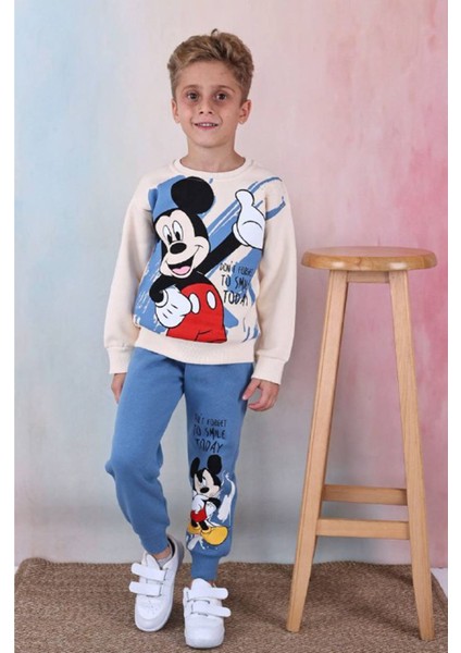 Pjk3i Mickey Mause Desenli Mavi 3 Ip Şardonlu Pamuk Erkek Çocuk Eşofman Takımı 3-10 Yaş 7341-M