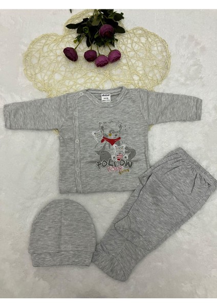 Pamuklu Kendinden Eldivenli Bebek Ayıcıklı Gri 3 Parça Hastane Çıkışı Seti 216-G