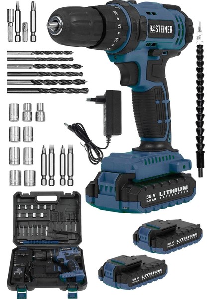 Alman 58 V 5 Ah Darbeli Lithium Çift Akülü Metal Şanzıman Bakır Sargılı Akülü Vidalama Matkap 24 Se