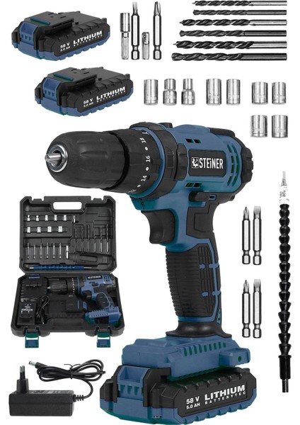 Alman 58 V 5 Ah Darbeli Lithium Çift Akülü Metal Şanzıman Bakır Sargılı Akülü Vidalama Matkap 24 Se fiyatları