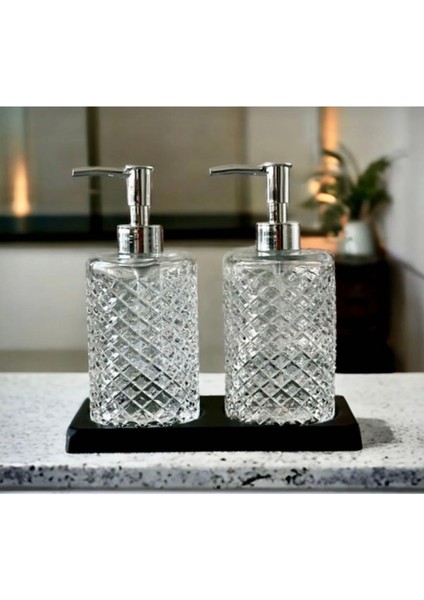 Siyah Standlı 2’li Cam 500 ml Gri Başlıklı Sıvı Sabun Bulaşık Deterjan Şişesi Sabunluk Set