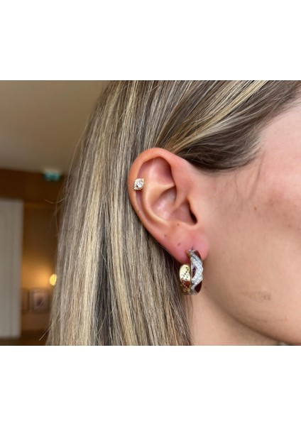 Bordo Gold Halka Zirkon Taşlı 14K Kaplamalı Küpe