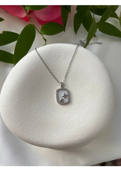 Çelik Pembe Taşlı Silver Kolye
