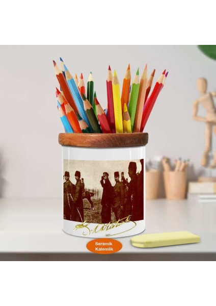 57. Alayı - Mustafa Kemal Atatürk Ahşap Seramik Kalemlik-57