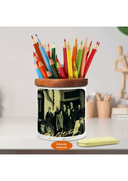 Takım Elbiseli Mustafa Kemal Atatürk Ahşap Seramik KALEMLIK-758 fiyatları