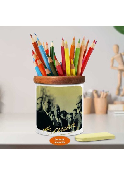 Sohbet Eden Mustafa Kemal Atatürk Ahşap Seramik KALEMLIK-710 fiyatları