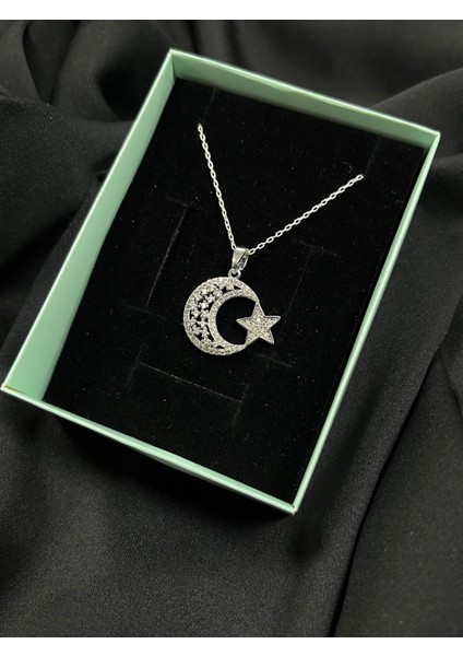 925 Ayar Gümüş Zincirli Ay Yıldız Zirkon Taş Kolye Kadın fırsatları