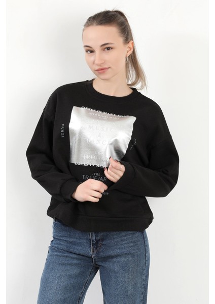 Kadın Bisiklet Yaka Varak Baskılı Pamuklu Sweatshirt Siyah - 2579